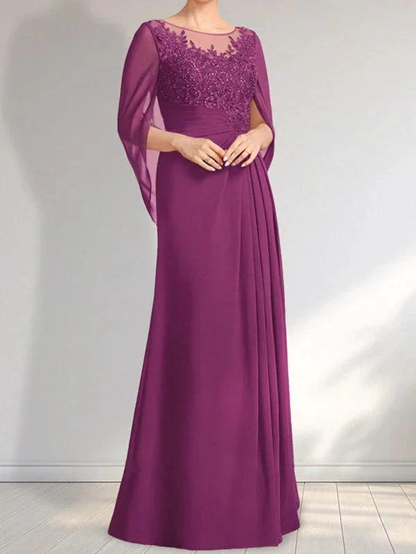 A-line Scoop Illusion Floor-Length Lace Chiffon Mother of the Bride Dress With Pleated Sequins by Dreamylily