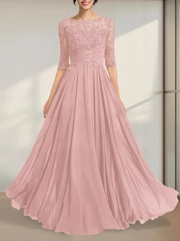 A-line Scoop Illusion Floor-Length Chiffon Lace Mother of the Bride Dress With Pleated Sequins by Dreamylily