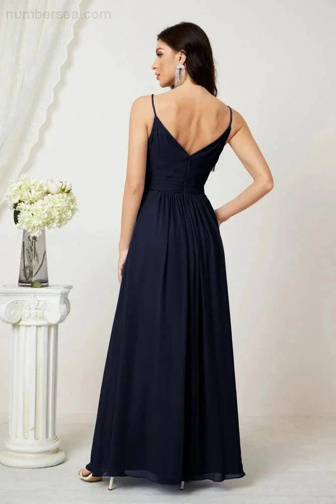 Numbersea Chiffon V-Neck Bridesmaid Dress Spaghetti Strap Long Formal Party Prom Gowns with Slit 28010 by numbersea