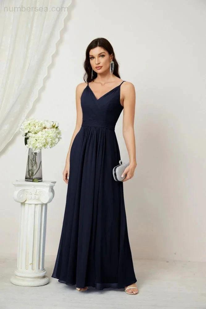 Numbersea Chiffon V-Neck Bridesmaid Dress Spaghetti Strap Long Formal Party Prom Gowns with Slit 28010 by numbersea