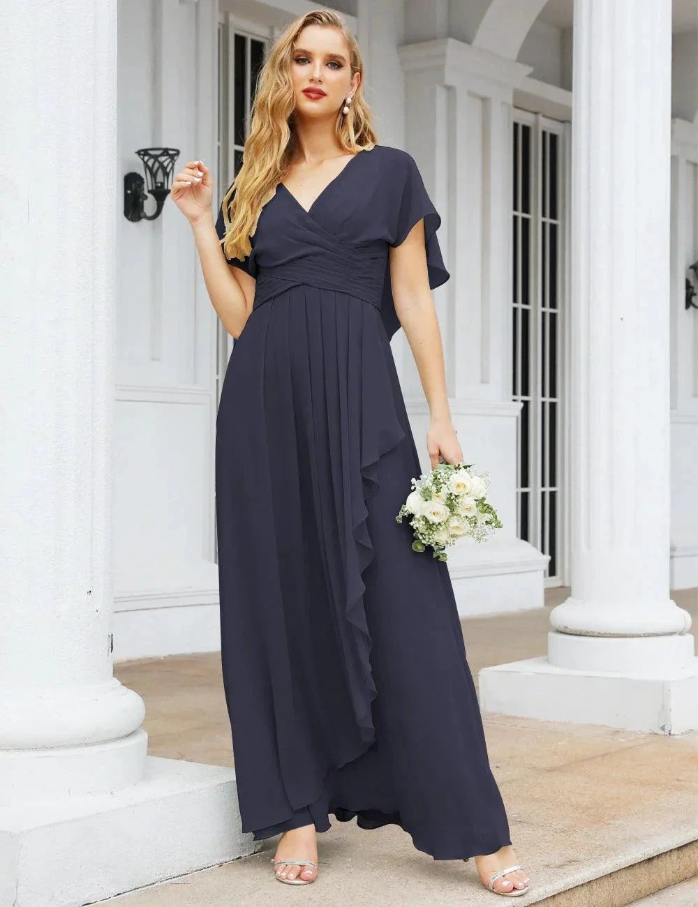 Numbersea Chiffon Bridesmaid Dresses Long Formal Evening Prom Mother of The Bride Dress with Flutter Sleeve SEA28040 by numbersea