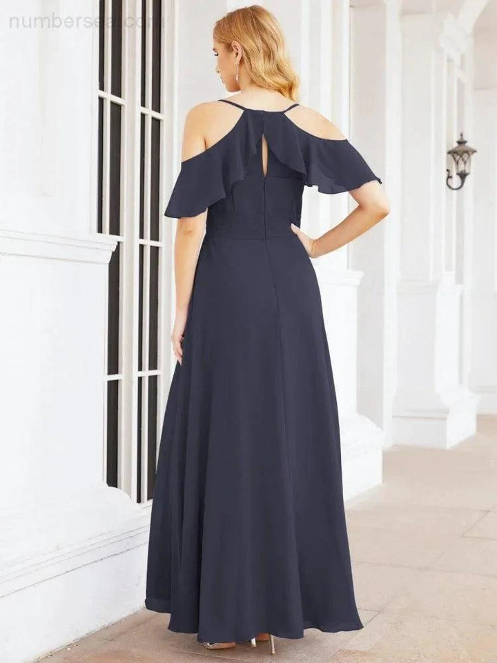 Numbersea Cold Shoulder Long Bridesmaid Dresses Side Slit Formal Prom Gowns Party Wedding 28070 by numbersea