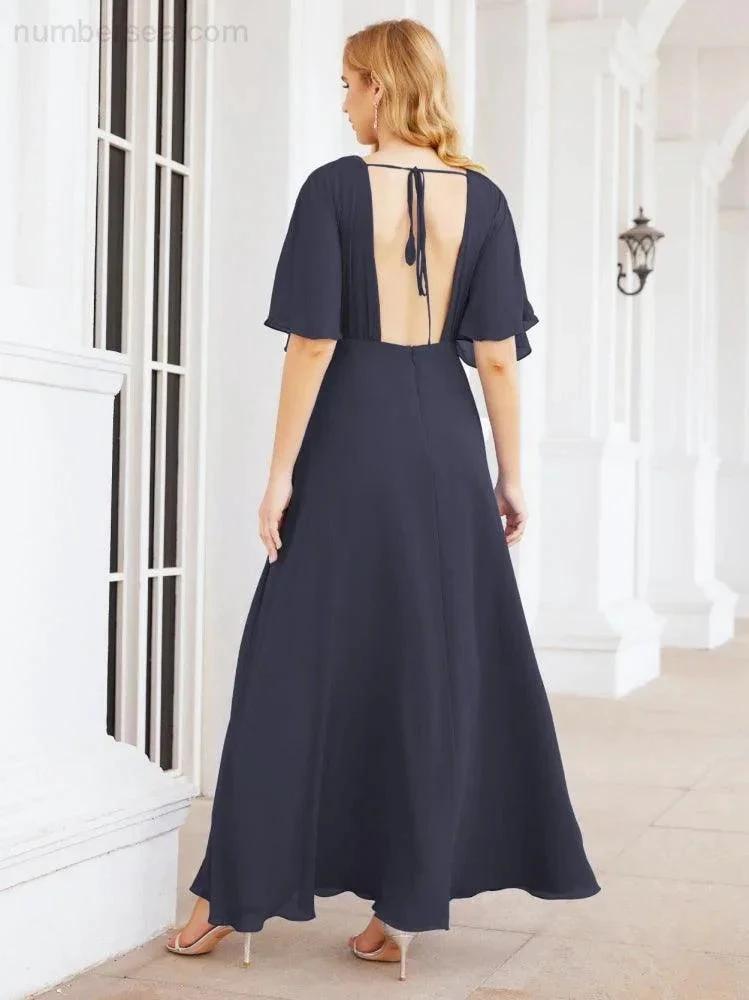 Numbersea V-Neck Bridesmaid Dress Chiffon Long Open Back Formal Dresses for Women Party Evening 28067 by numbersea
