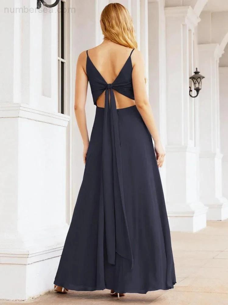 Numbersea Spaghetti Strap Bridesmaid Dresses V Neck Butterfly Back Fromal Evening Party Prom Gown 28036 by numbersea