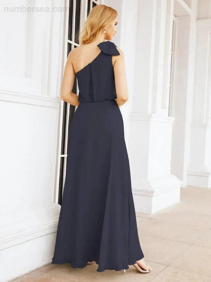 Numbersea Chiffon Ruffled One Shoulder Sleeveless Long Bride Dresses A-line Formal Evening Gown Side Split 28057 by numbersea