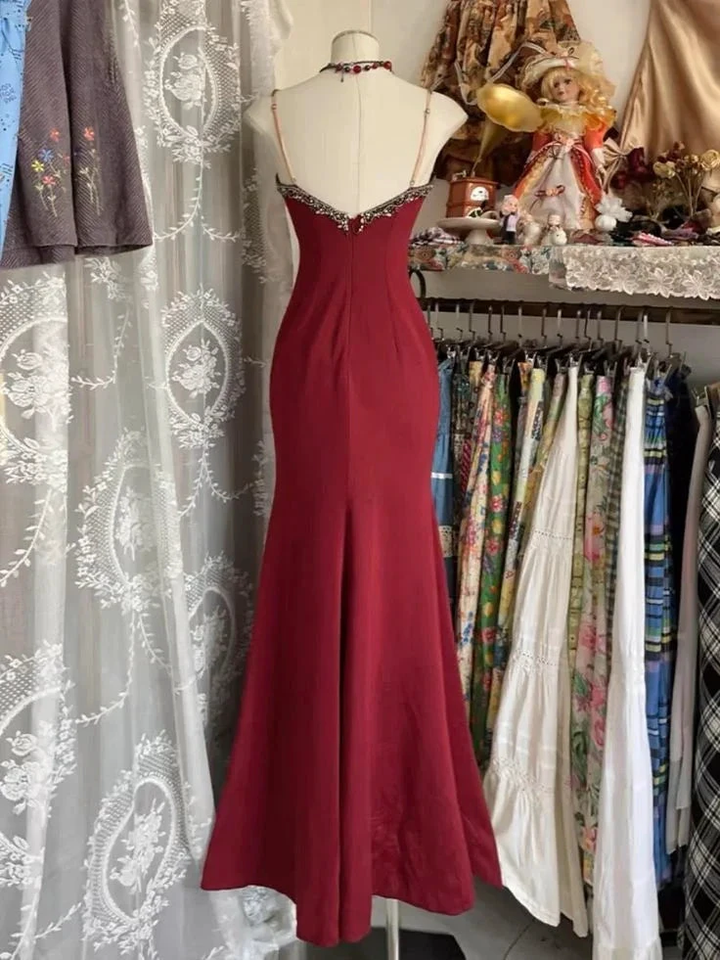 Charming Burgundy Lace Mermaid Evening Dress Straps Prom Dress Y7685 by simplepromdress