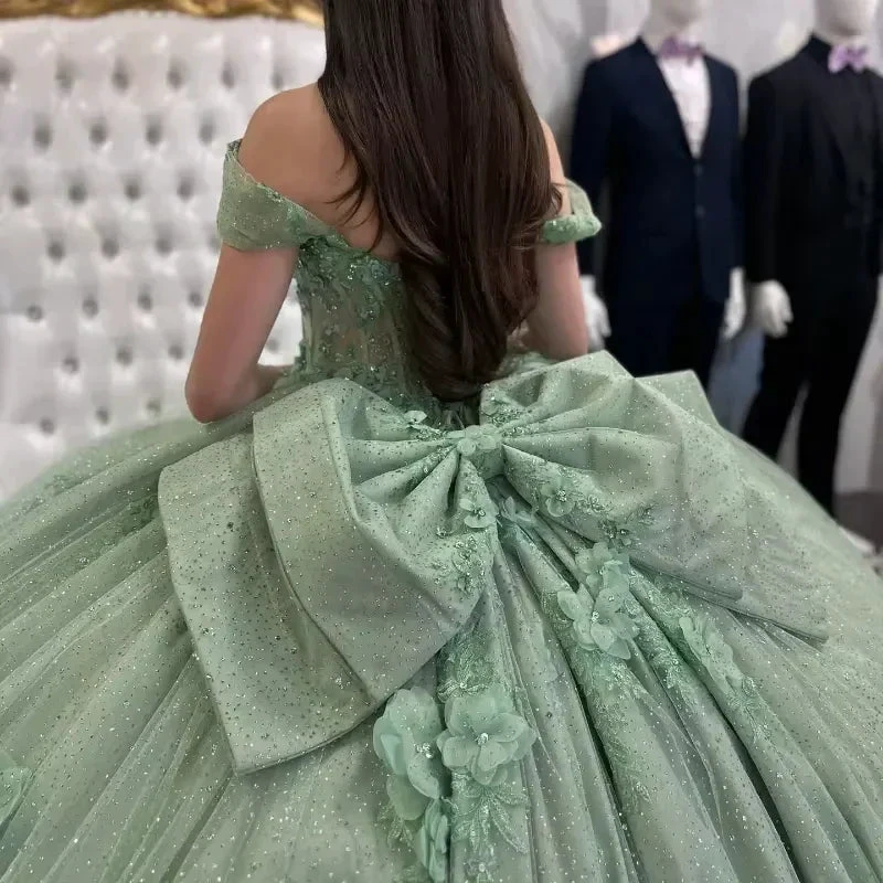 Glittering Sage Green Quinceanera Dress,Tulle Appliques Sequins Crystals Birthday Party Ball Gown With Bow Y8116 by simplepromdress