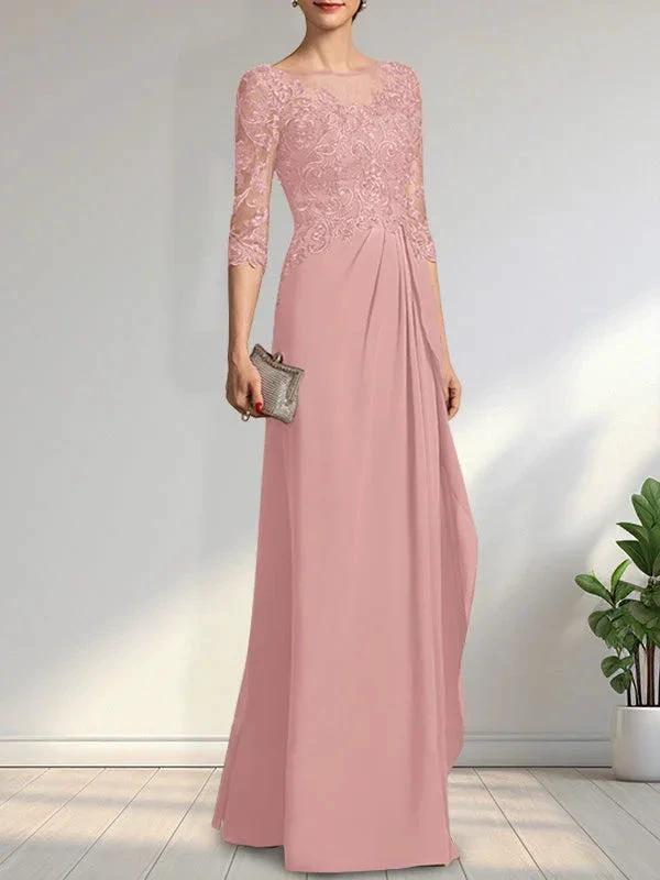 A-line Scoop Illusion Floor-Length Chiffon Lace Mother of the Bride Dress With Beading Sequins Cascading Ruffles by Dreamylily