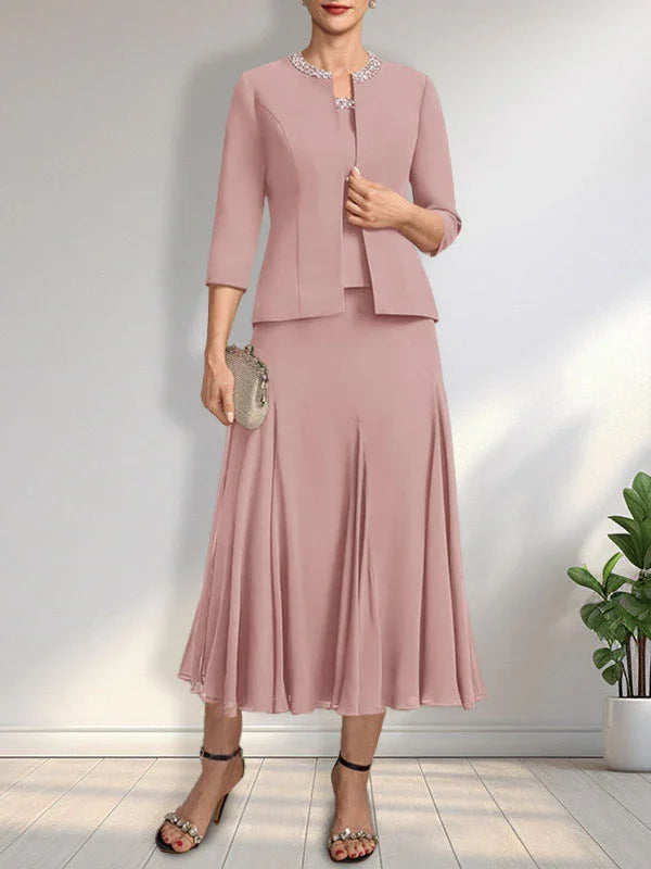 Separates A-line Scoop Tea-Length Chiffon Mother of the Bride Dress With Sequins Beading by Dreamylily