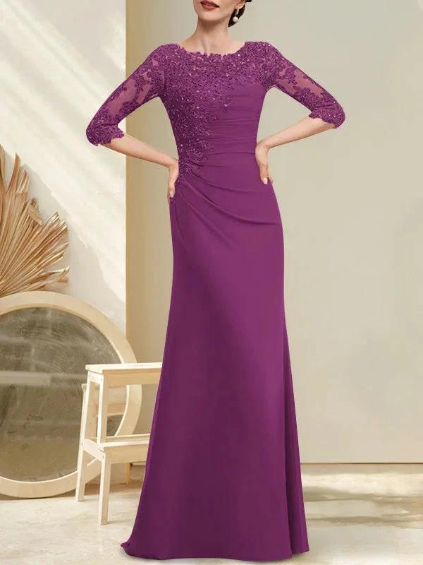 A-line Scoop Floor-Length Chiffon Lace Mother of the Bride Dress With Beading Pleated Sequins by Dreamylily