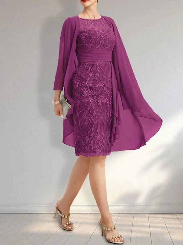 Sheath Scoop Illusion Knee-Length Lace Chiffon Mother of the Bride Dress With Cascading Ruffles Sequins by Dreamylily