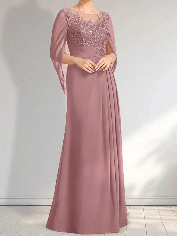 A-line Scoop Illusion Floor-Length Lace Chiffon Mother of the Bride Dress With Pleated Sequins by Dreamylily