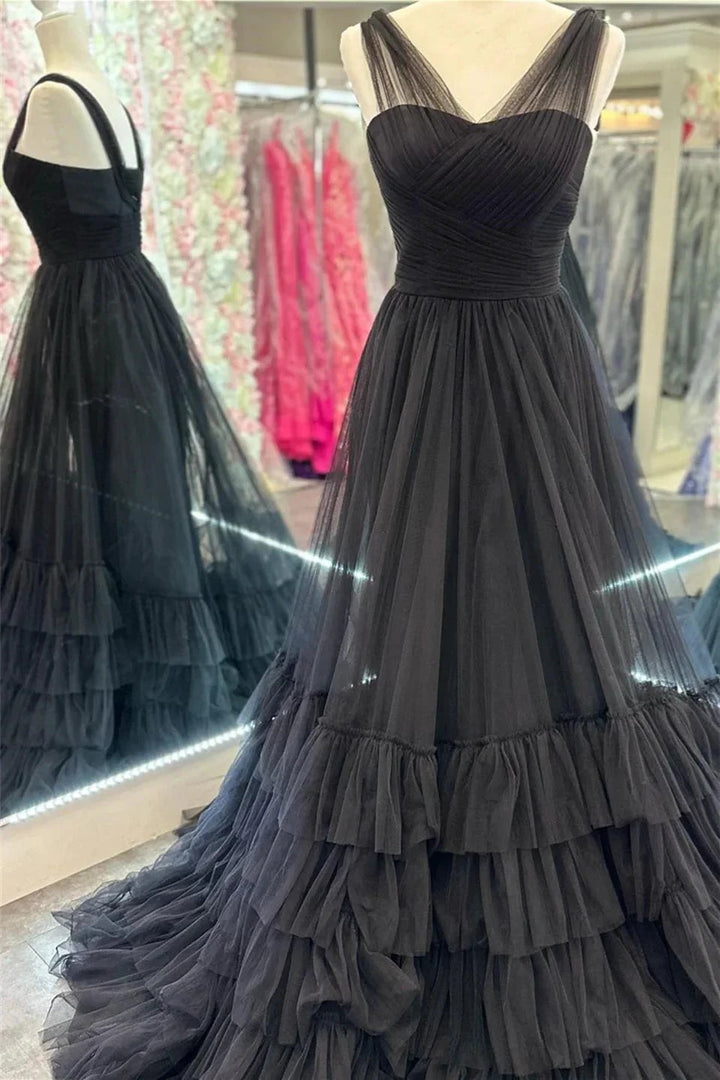 Mariam |A line Illusion V Neck Layers Tulle Prom Dress by KissProm