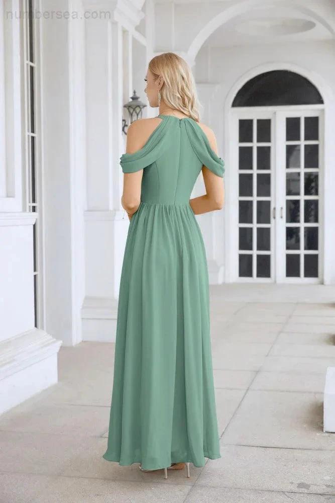 Ladies Chiffon Off Shoulder Swing Sleeve Front Slit Bridesmaid Evening Dress Wedding Party Evening Dress 28117 by numbersea