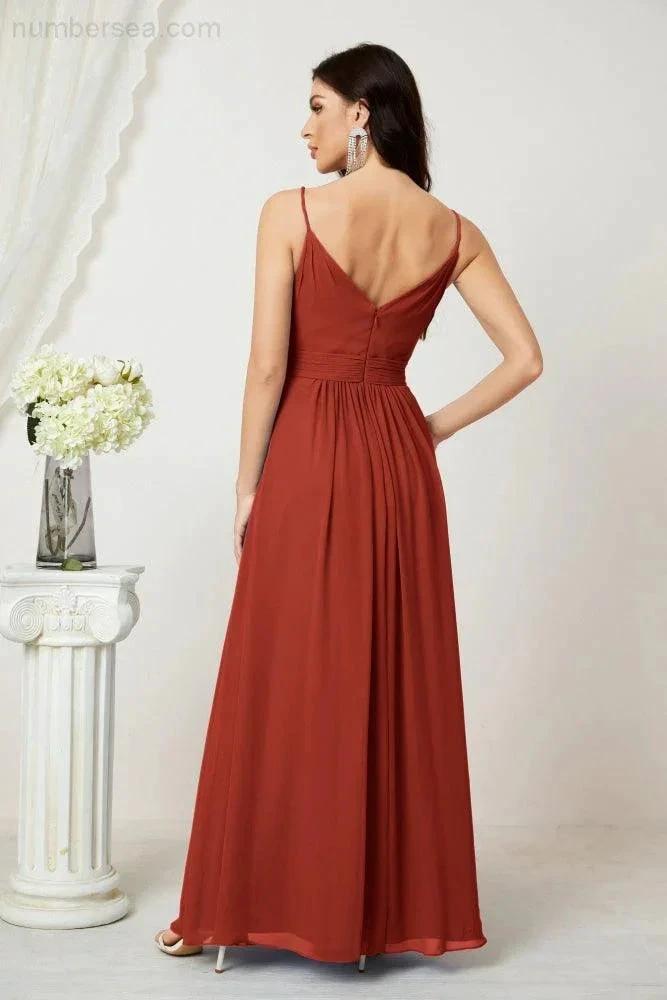 Numbersea Chiffon V-Neck Bridesmaid Dress Spaghetti Strap Long Formal Party Prom Gowns with Slit 28010 by numbersea