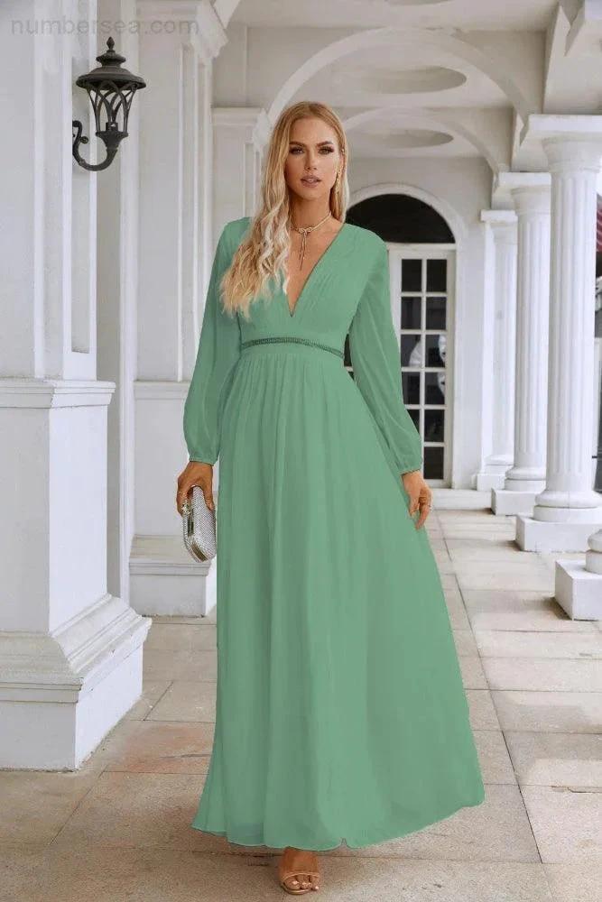 Ladies V Neck Chiffon Long Sleeve Front Slit Bridesmaid Evening Dress Wedding Party Shopping Evening Dress 28109 by numbersea