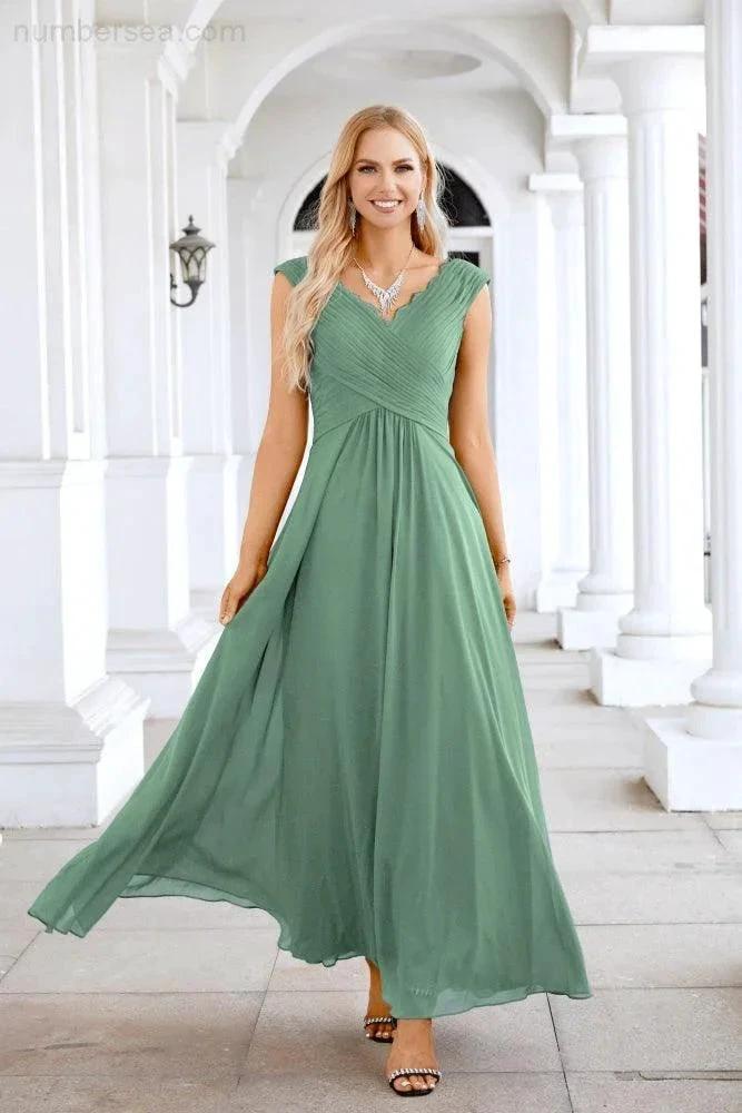 Ladies Chiffon V Neck Sleeveless Floor Length Bridesmaid Evening Dress Wedding Party Evening Dress 28126 by numbersea