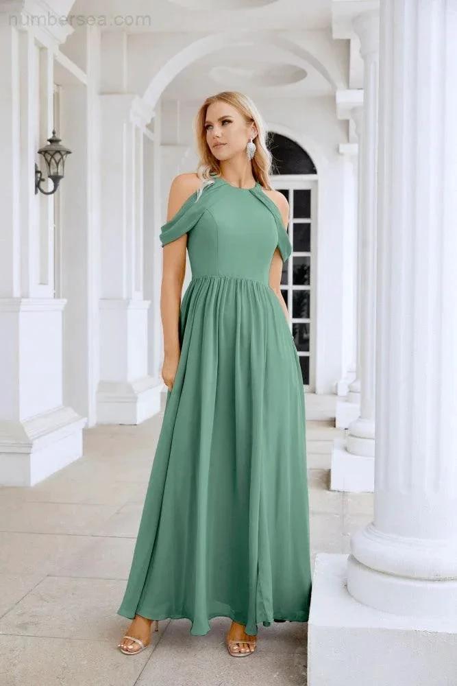 Ladies Chiffon Off Shoulder Swing Sleeve Front Slit Bridesmaid Evening Dress Wedding Party Evening Dress 28117 by numbersea