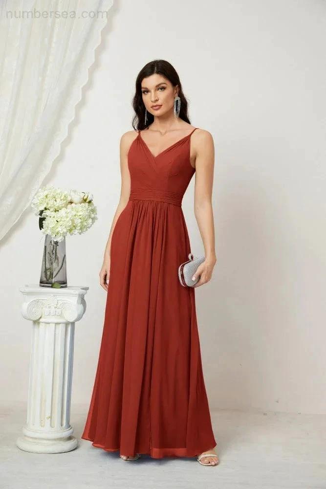 Numbersea Chiffon V-Neck Bridesmaid Dress Spaghetti Strap Long Formal Party Prom Gowns with Slit 28010 by numbersea