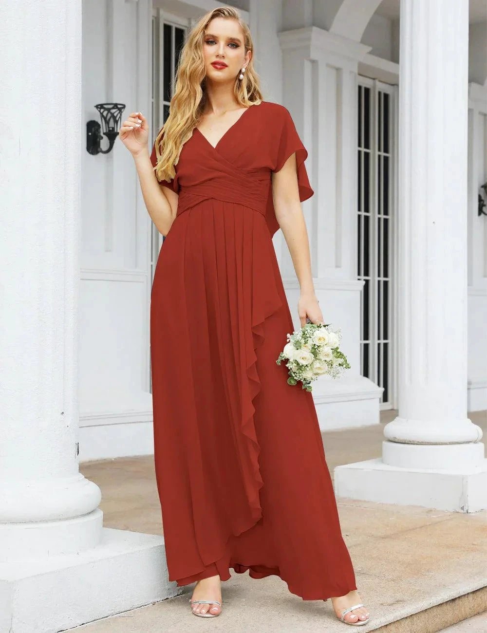 Numbersea Chiffon Bridesmaid Dresses Long Formal Evening Prom Mother of The Bride Dress with Flutter Sleeve SEA28040 by numbersea