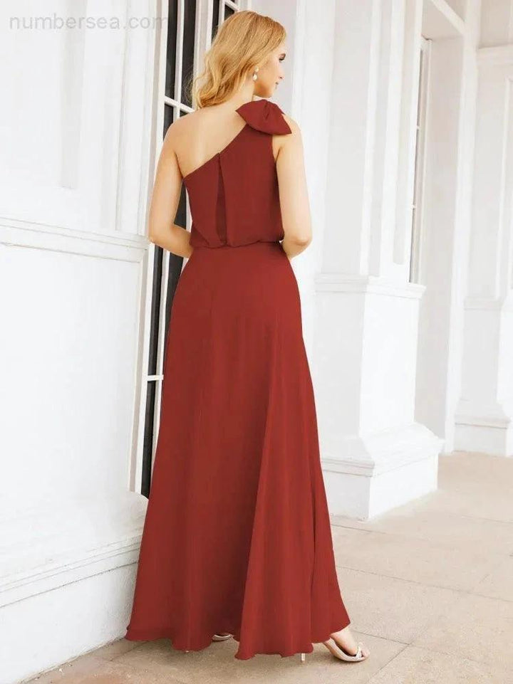 Numbersea Chiffon Ruffled One Shoulder Sleeveless Long Bride Dresses A-line Formal Evening Gown Side Split 28057 by numbersea