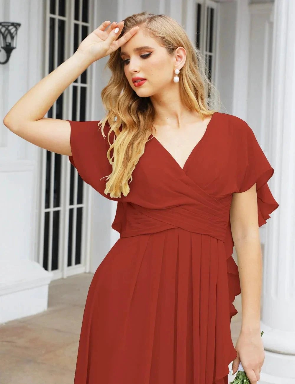 Numbersea Chiffon Bridesmaid Dresses Long Formal Evening Prom Mother of The Bride Dress with Flutter Sleeve SEA28040 by numbersea