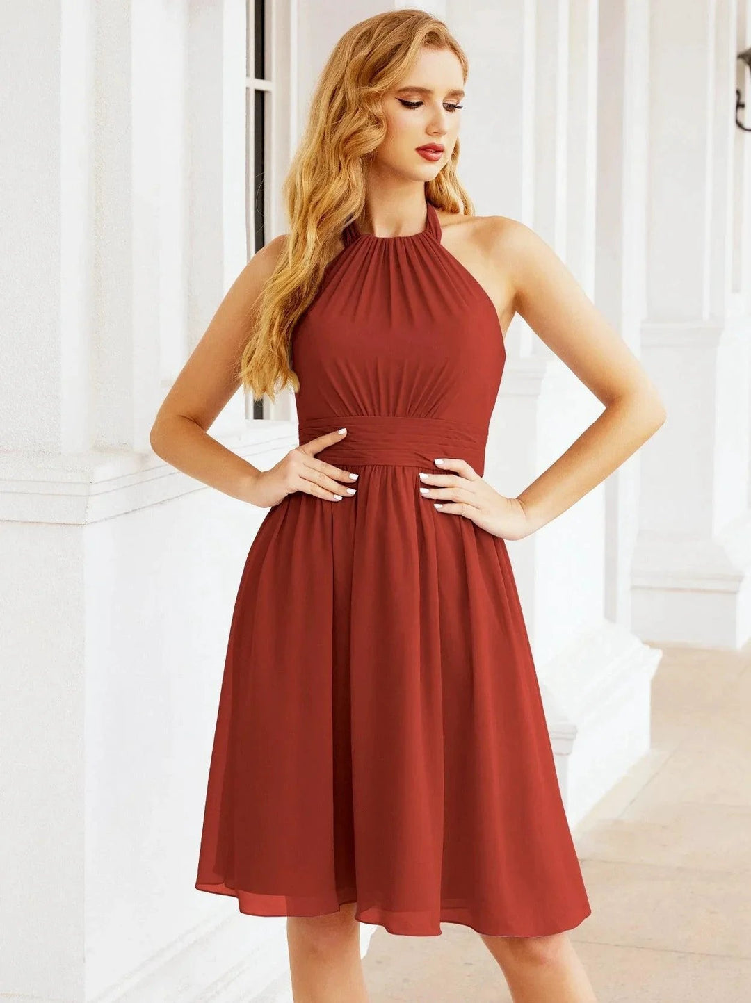 Numbersea Halter Chiffon Bridesmaid Dresses Short Sleeveless Formal Party Dress Open Back 28023 by numbersea