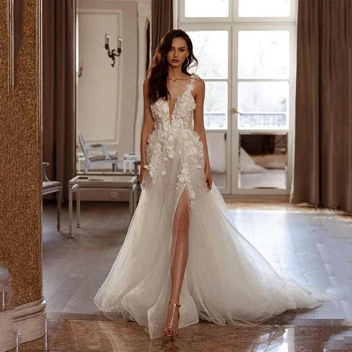 Sexy Backless Wedding Dresses For Woman V Neck Appliques Bridal Gowns Bohemian Princess Customize Tulle Vestidos by payinti