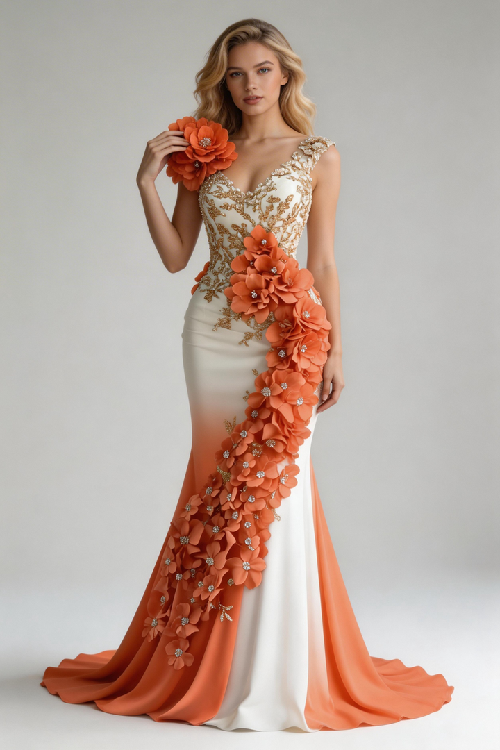 Robe de soirée sirène en mousseline avec appliques de pivoines élégantes Y8567