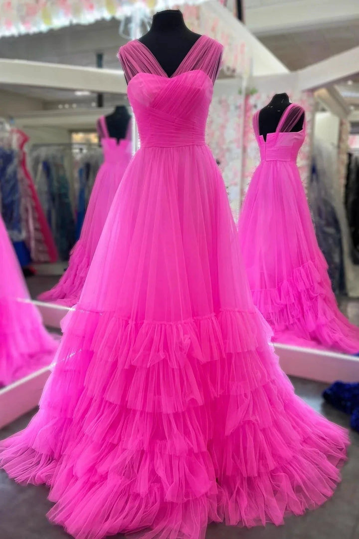 Mariam |A line Illusion V Neck Layers Tulle Prom Dress by KissProm