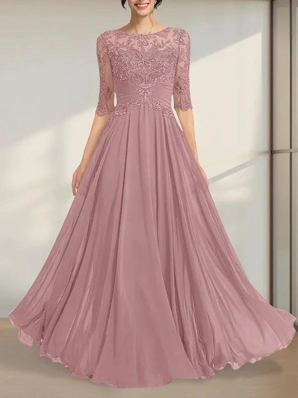 A-line Scoop Illusion Floor-Length Chiffon Lace Mother of the Bride Dress With Pleated Sequins by Dreamylily