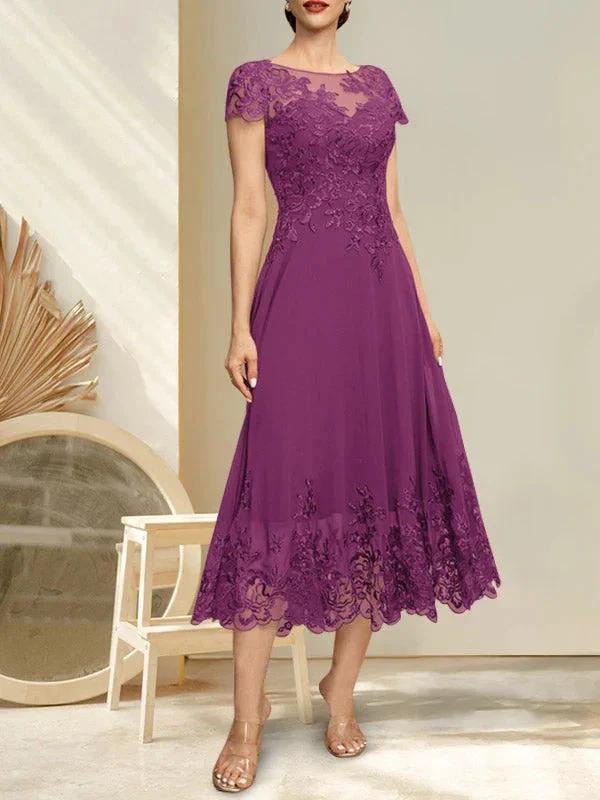 A-line Illusion Scoop Tea-Length Lace Chiffon Mother of the Bride Dress With Sequins by Dreamylily
