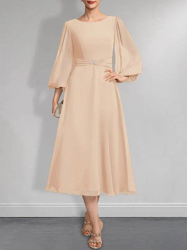 A-line Scoop Tea-Length Chiffon Mother of the Bride Dress With Crystal Brooch Pleated by Dreamylily