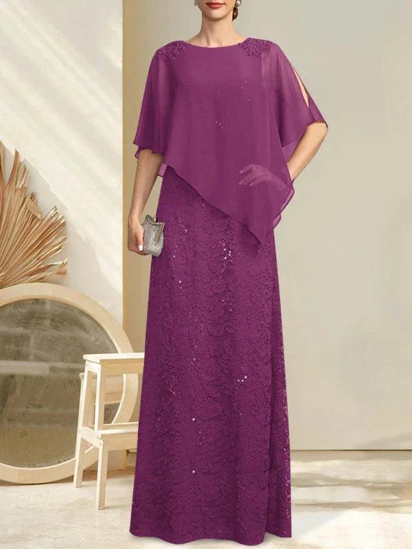 Sheath/Column Scoop Floor-Length Chiffon Lace Mother of the Bride Dress With Sequins Beading by Dreamylily