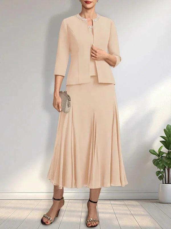 Separates A-line Scoop Tea-Length Chiffon Mother of the Bride Dress With Sequins Beading by Dreamylily
