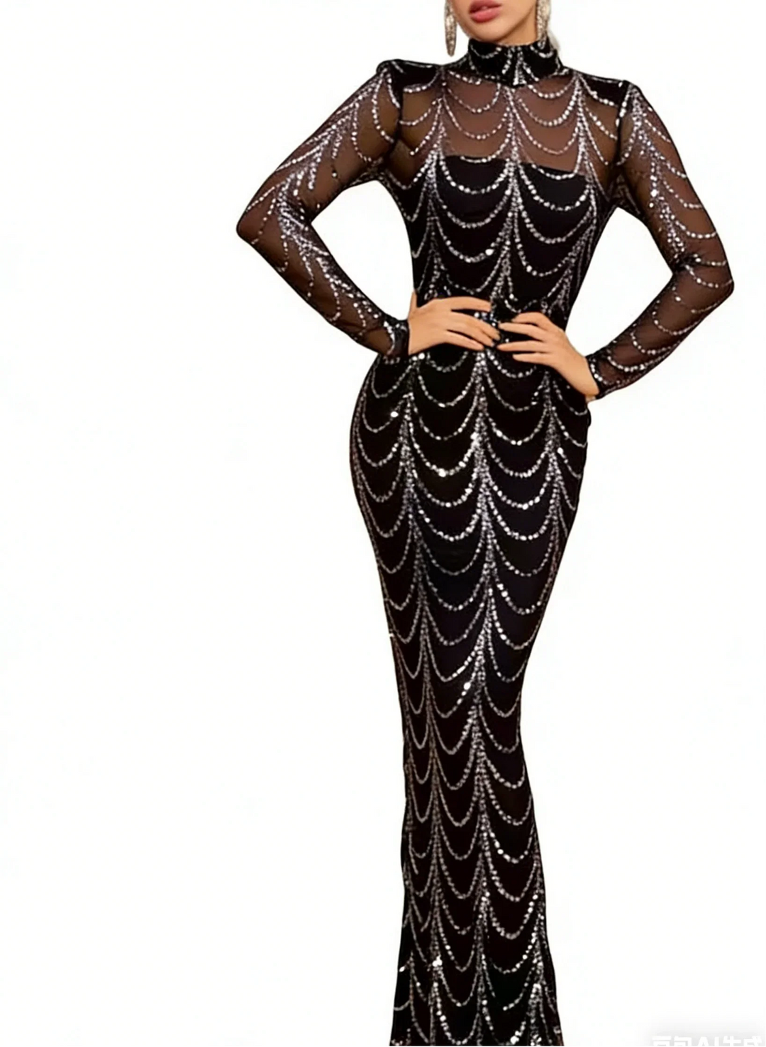 Black Silver Sequin Turtleneck Mesh Long Sleeve Mermaid Dress Evening Gown by BIZTUNNEL