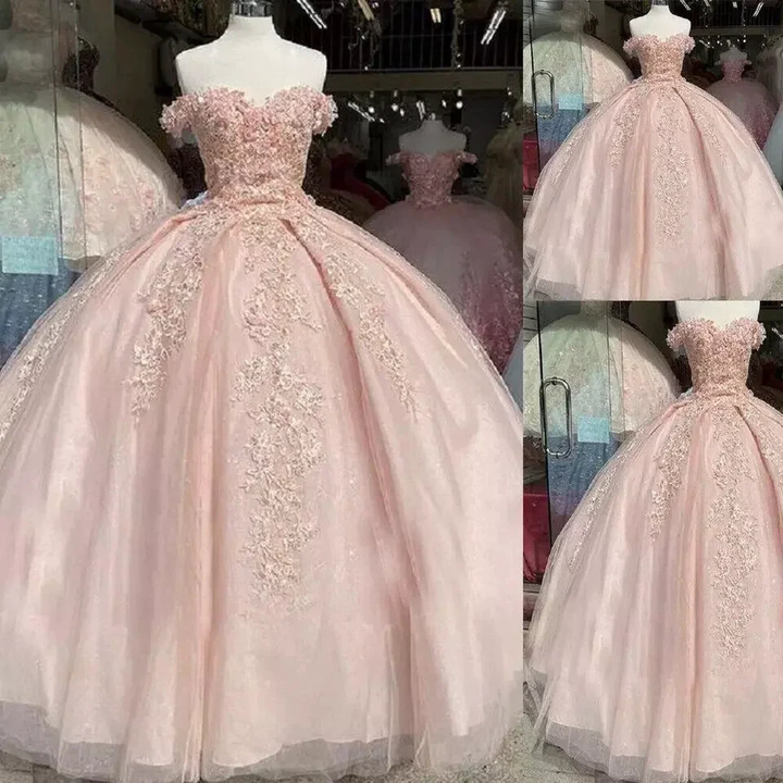 Off The Shoulder Pink Quinceanera Dresses Lace Applique Sweet 16 Dress Ball Gown Y395 by simplepromdress