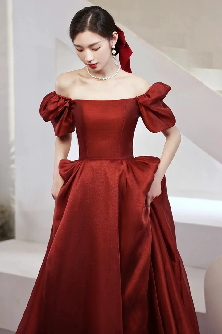 Burgundy Satin Long Prom Dresses A-Line Short Sleeve Evening Dresses Y1170 by simplepromdress