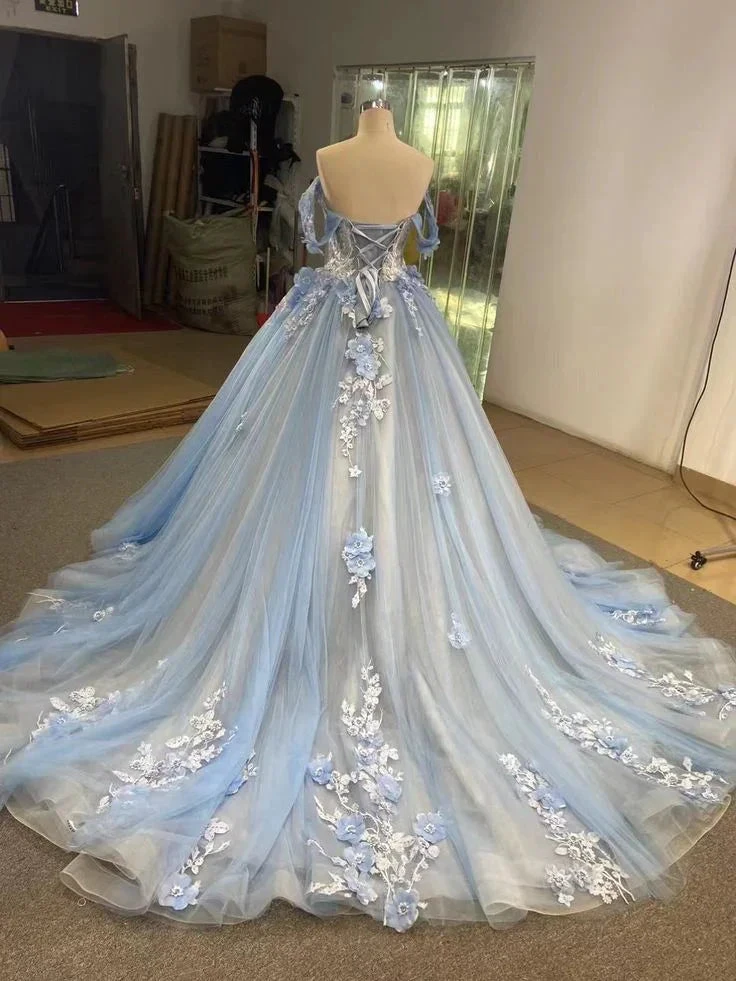 Ball Gown Blue Prom Dresses Lace Tulle Off Shoulder Evening Party Dress Y4561 by simplepromdress