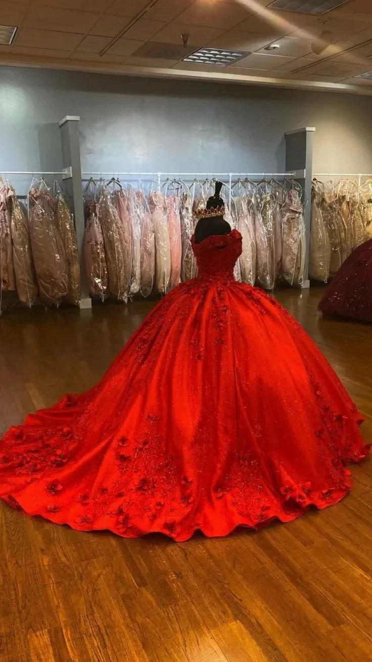 Luxurious Red 3D Flowers Ball Gown,Sweet 16 Dress,Quinceanera Dress Y5321 by simplepromdress