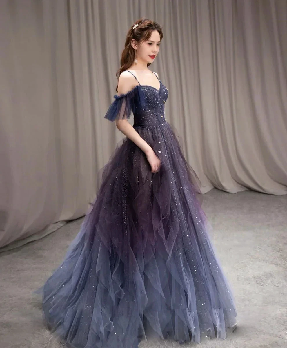 Dark starry sky purple tulle long prom dress A-line evening dress Y924 by simplepromdress