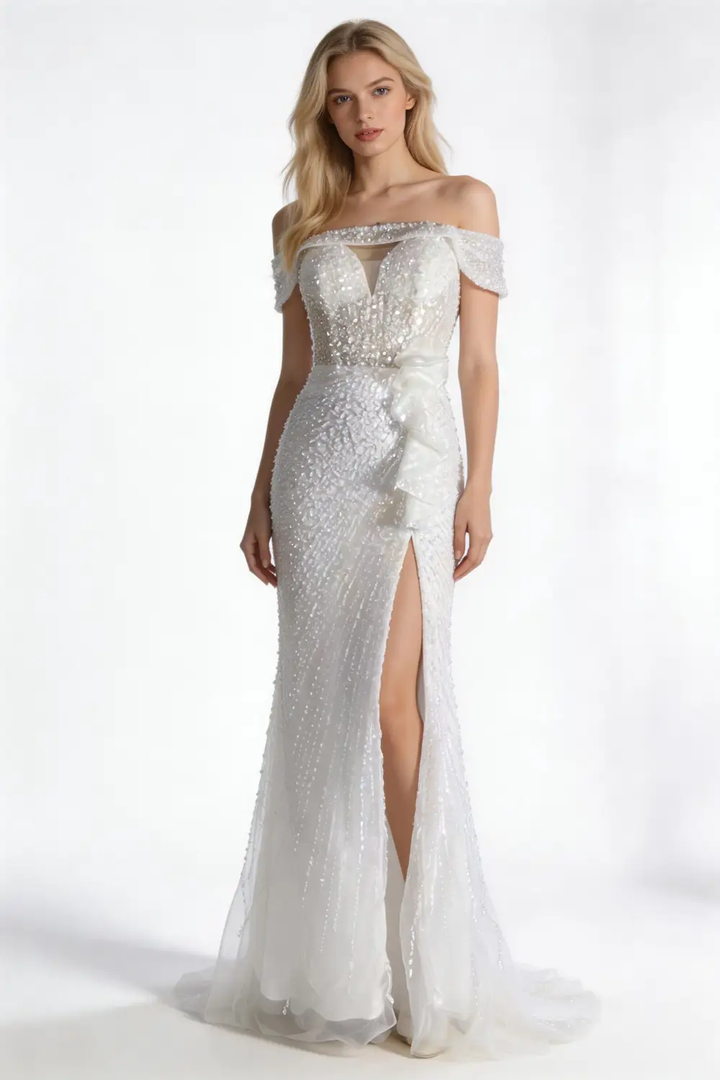Off-the-Shoulder Sequin Mermaid Formal Gown with High Slit &amp; Ruffle Detail by tangjianjun