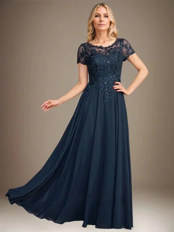 A-Line Scoop Floor-Length Chiffon Mother of the Bride Dress With Applique &amp; Sequins by Dreamylily