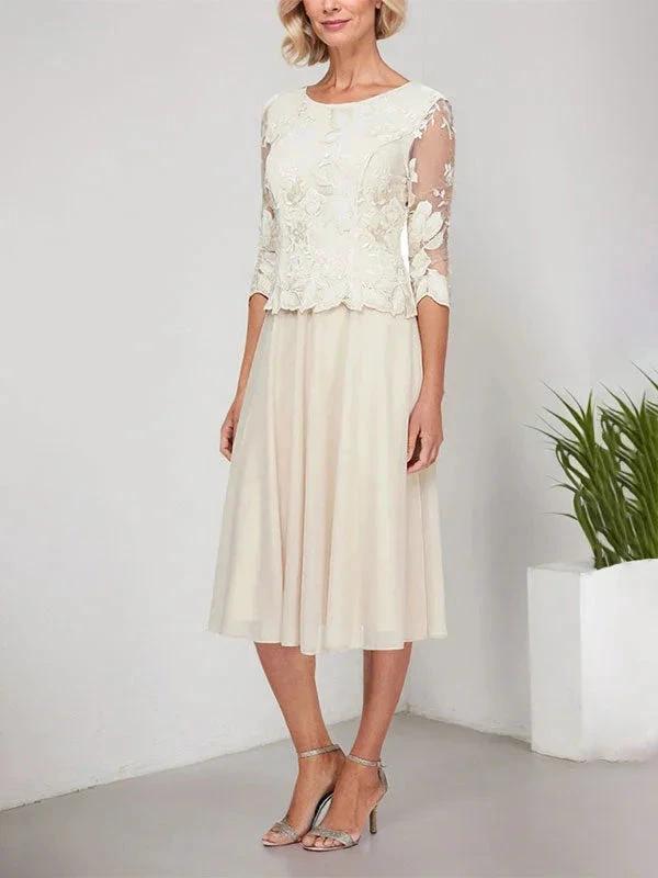 A-line Scoop Tea-Length Lace Chiffon Mother of the Bride Dress With Embroidery by Dreamylily