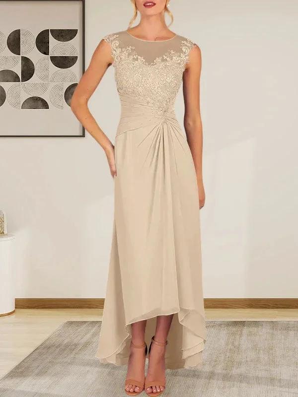 Champagne A-Line Scoop Lace Chiffon Dress by Dreamylily