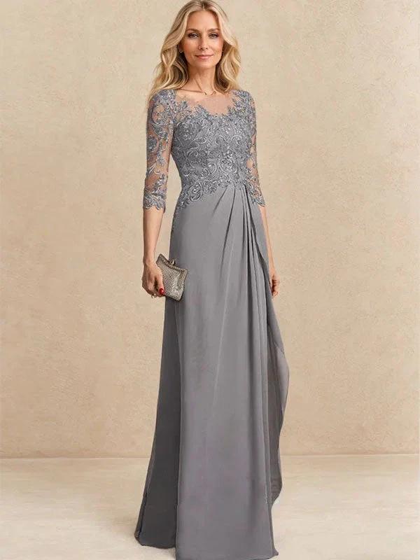 A-line Scoop Illusion Floor-Length Chiffon Lace Mother of the Bride Dress With Beading Sequins Cascading Ruffles by Dreamylily
