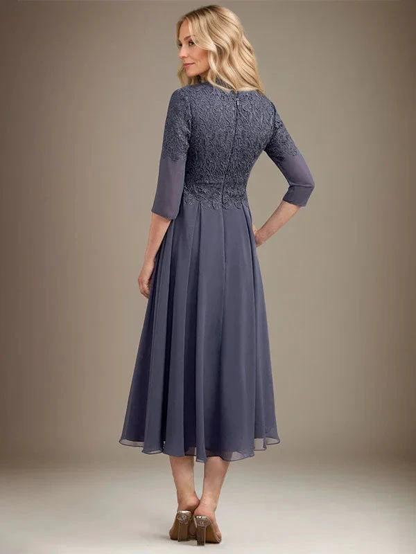 A-line V-Neck Tea-Length Chiffon Lace Mother of the Bride Dress With Beading by Dreamylily