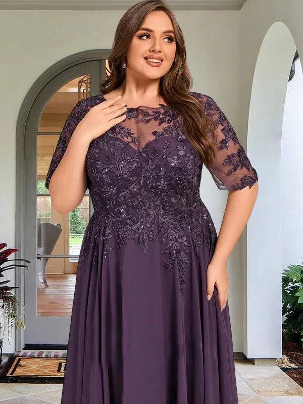A-line Scoop Illusion Asymmetrical Chiffon Lace Mother of the Bride Dress With Sequins by Dreamylily