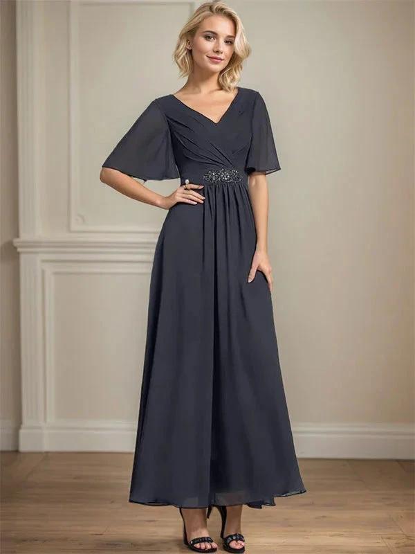 A-line V-Neck Ankle-Length Chiffon Mother of the Bride Dress With Pleated Beading Sequins by Dreamylily