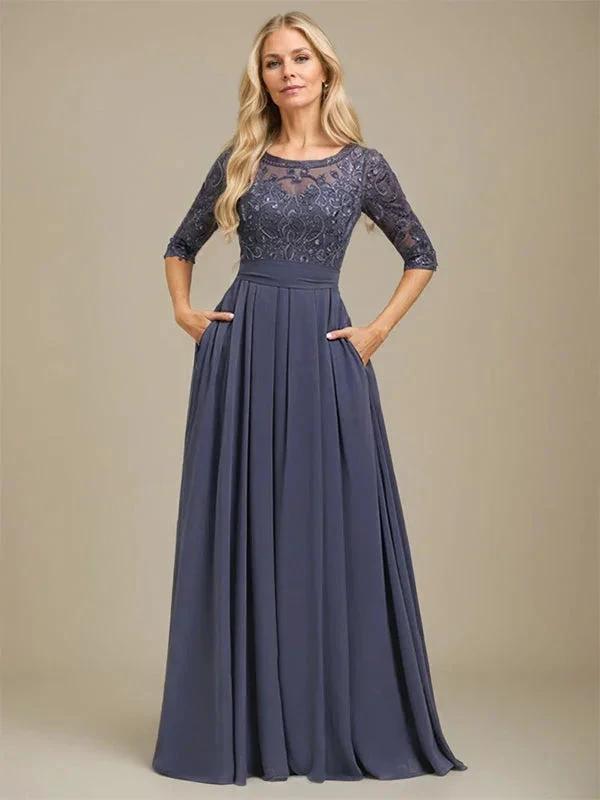 A-Line Scoop Floor-Length Lace Chiffon Mother Of the Bride Dress With Sequins Applique by Dreamylily